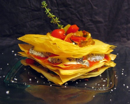 Mille-feuilles au chèvre et aux légumes du soleil
